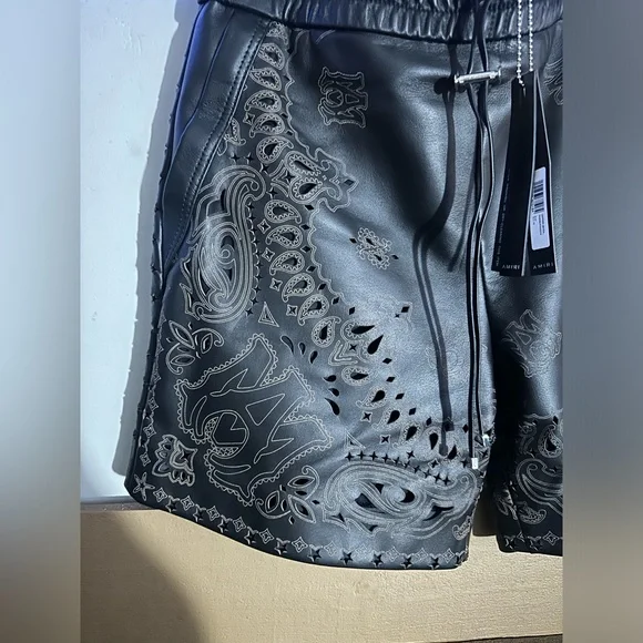 AMIRI Men’s Leather Laser-Cut Bandana shorts size 48